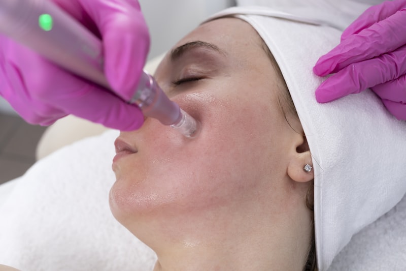 Microneedling facial treatment procedure at dermatology clinic for skin rejuvenation